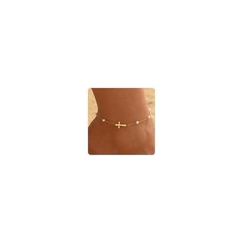 Cross Anklets for Women, 18K Gold Plated Dainty Ankle Bracelets with Colorful Beads Pearl Anklet, Adjustable Religious Christian Satellite Cross Chain, Waterproof Boho Summer Beach Jewelry - style: Pearl Cross Anklet-Gold