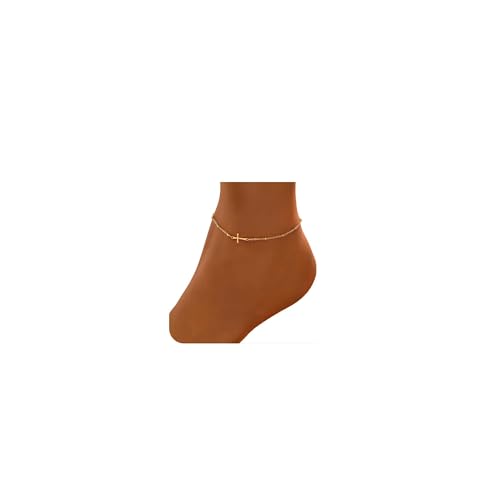 Dainty Ankle Bracelets for Women 18K Gold Plated Satellite Beaded Herringbone Lip Chain Anklets Simple Minimalist Summer Beach Foot Jewelry Christmas Gifts - color: Satellite Cross-Gold