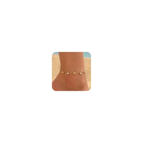 Gold Ankle Bracelets for Women 18K Gold Plated Waterproof Starfish Sea Shell Pearls CZ Diamond Dangle Anklets Trendy Summer Beach Foot Chain Jewelry Gift - style: Dragonfly CZ Drop-Gold