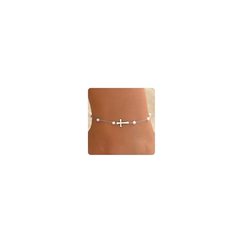 Cross Anklets for Women, 18K Gold Plated Dainty Ankle Bracelets with Colorful Beads Pearl Anklet, Adjustable Religious Christian Satellite Cross Chain, Waterproof Boho Summer Beach Jewelry - style: Pearl Cross Anklet-White Gold