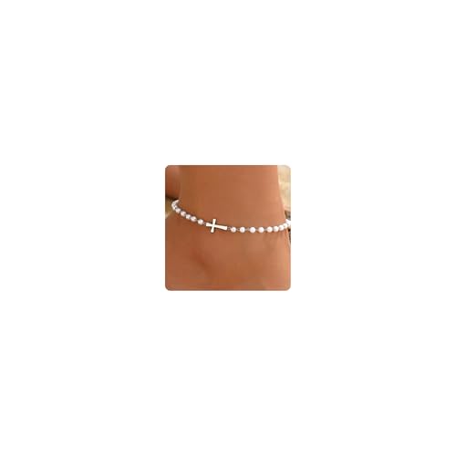 Cross Anklets for Women, 18K Gold Plated Dainty Ankle Bracelets with Colorful Beads Pearl Anklet, Adjustable Religious Christian Satellite Cross Chain, Waterproof Boho Summer Beach Jewelry - style: Multi Pearls Cross-White Gold