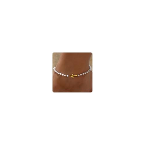 Cross Anklets for Women, 18K Gold Plated Dainty Ankle Bracelets with Colorful Beads Pearl Anklet, Adjustable Religious Christian Satellite Cross Chain, Waterproof Boho Summer Beach Jewelry - style: Multi Pearls Cross-Gold