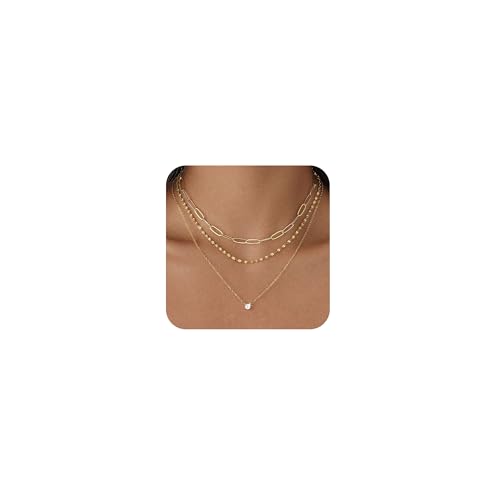 Layered Gold Necklace for Women Trendy 14K Gold Plated Heart CZ Pendant Layered Gold Necklaces Set Coin Choker Necklaces Simple Circle Cubic Zirconia Pearl Necklace Stack Herringbone Paperclip Chain Jewelry Set - style: 3PCS-Paperclip chain zircon-GD