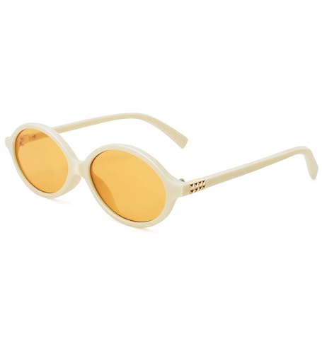 NULOOQ Retro Oval Sunglasses for Women 90s Trendy Vintage Small Round Sunnies Shades - color: C8* Beige Frame/Orange Lens