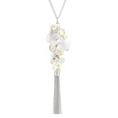 Noessla Boho Long Pendant Necklaces for Women Silver Tassel Long Necklace Sweater Chain Mothers Day Gifts Silver Costume Jewelry for Women - color: White