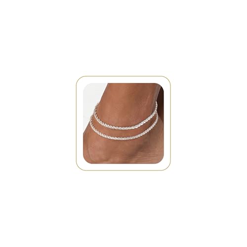 Tewiky Sterling Silver Plated Ankle Bracelets for Women,Dainty Layered Waterproof Anklet for Women Adjustable Sparkly Herringbone Beaded Rope Chain Set Stackable Cute Summer Beach Jewelry Gift - color: silver1