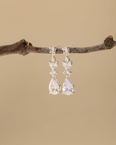 HANLI Dangle Earrings for Women – 14K Gold Plated/Silver Drop Earrings Sparkly CZ Gold Dangle Earrings Elegant Dangling Earrings for Wedding Bridal Prom Jewelry - color: 1-Dangle CZ Silver