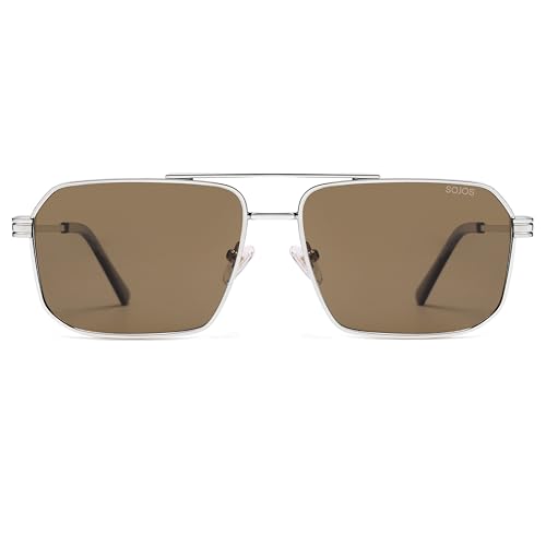 SOJOS Retro Polarized Square Sunglasses for Women Men Vintage Large Double Bridge UV Protection Metal Sun Glasses SJ1246 - color: Silver/Retro Brown