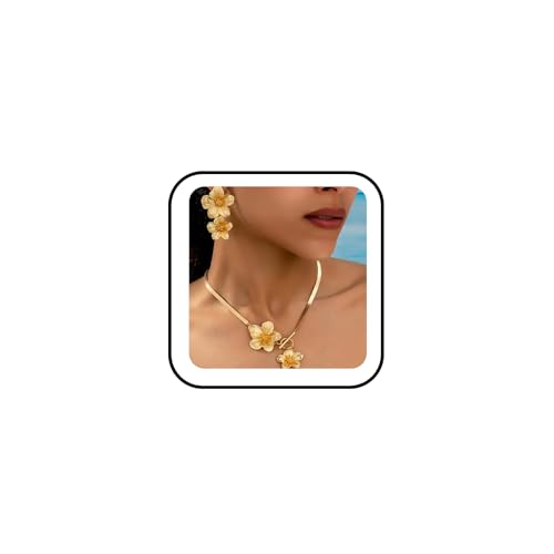 Vintage Flower Necklace Earring Set Gold Snake Chain Necklace Bohemian Large Double Flower Choker Necklaces Hypoallergenic Statement Flower Stud Earrings Elegant Bridal Wedding Summer Beach Jewelry - color: Gold