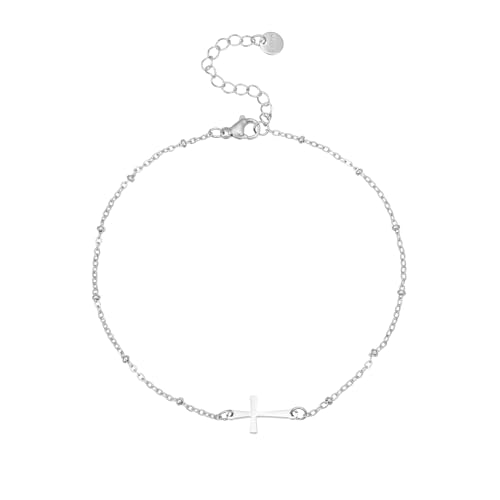 Cross Anklets for Women, 18K Gold Plated Dainty Ankle Bracelets with Colorful Beads Pearl Anklet, Adjustable Religious Christian Satellite Cross Chain, Waterproof Boho Summer Beach Jewelry - style: Satellite Cross-White Gold