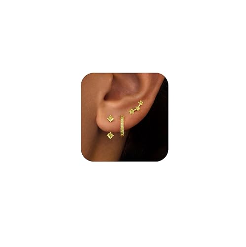 3 Pairs Dainty Small 4th of July Earrings for Women Trendy, Birthstone Stud Huggie Hoop Jacket Stack for Cartilage Helix, Gold Plated Hypoallergenic Cute Women Fashion Accessories Western Jewelry Gifts - color: 08Olive Green Created Peridot-Aug (Gold)