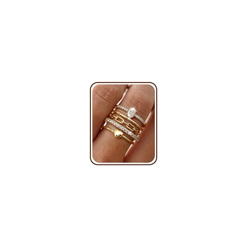 FIASASO Gold Rings for Women Non Tarnish - 5Pcs Dainty Stackable Rings 14K Gold Plated Cubic Zirconia Stacking Rings Non Tarnish Waterproof Minimalist Thin Stack Ring Size 5 6 7 8 9 10 - color: 14K Gold Plated