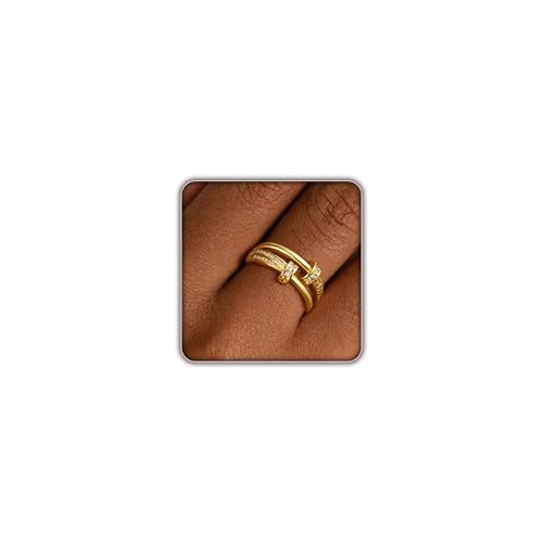 FISSEN JEWELRY Gold Rings for Women, Non Tarnish Dainty 14k Gold Plated Silver CZ Cross Ring Cute Cubic Zirconia Pinky Thumb Stackable Band Silver Finger Rings Size 6-10 Jewelry for Her - color: Gold Diamond Circle