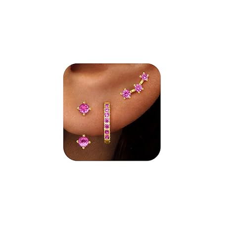 3 Pairs Dainty Small 4th of July Earrings for Women Trendy, Birthstone Stud Huggie Hoop Jacket Stack for Cartilage Helix, Gold Plated Hypoallergenic Cute Women Fashion Accessories Western Jewelry Gifts - color: 10Pink-Oct (Gold)