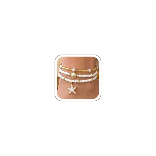 Starfish Seashell Ankle for Women ，14K Gold Bead Handmade Adjustable Plated Boho Shell Anklet ， Foot Chain Jewelry for Summer Beach Vacation - color: White Starfish 3PcS