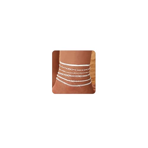 Besteel Ankle Bracelets for Women Waterproof - 14K Gold Plated Non Tarnish Layered Cuban Link Chain Rope Figaro Herringbone Anklets Set Plus Size Anklet Summer Foot Jewelry Gift Adjustable 8-12 Inch - style: 6 Pcs Silver Cuban-8.5+2.5 Inch