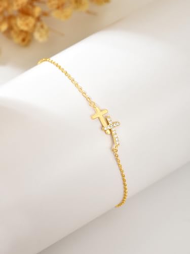 Double Cross Bracelet for Women 925 Sterling Silver Dainty 14K Gold Plated Cubic Zirconia Bracelet Faith Christian Bracelets Adjustable Chain Religious Christian Baptism Jewelry Gifts - color: Gold 2