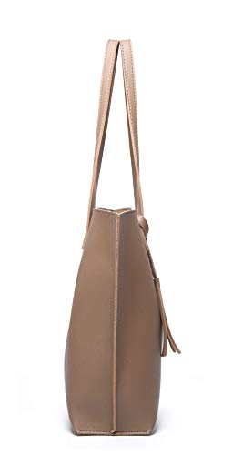 Dreubea Women's Soft Faux Leather Tote Shoulder Bag from, Big Capacity Tassel Handbag - color: Bark New