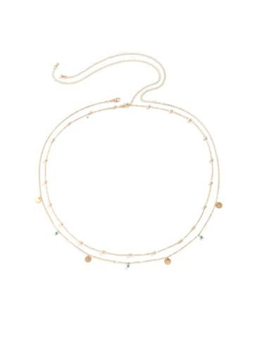 MODRSA Gold Body Chain Jewelry for Women Back Necklace for Backless Dress Backdrop Pearl Rhinestone Belly Chain Waist Chains Bra Chains Lingerie Summer Bikini Bodychain Trendy Sexy Stomach Jewelry - color: C2- Waist chain - blue beads gold