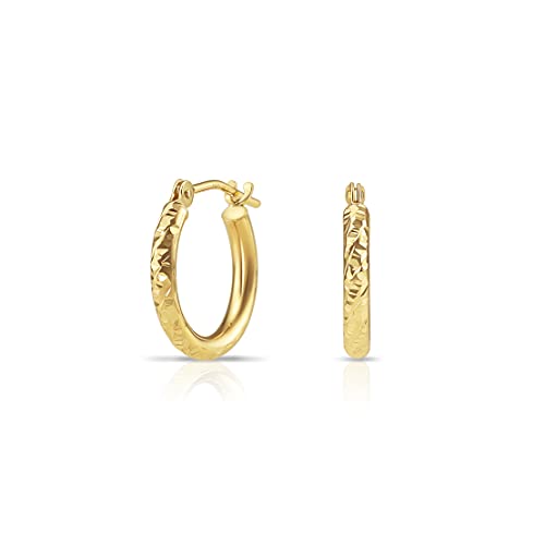 14k Yellow Gold Hand Engraved Diamond-cut Round Hoop Earrings - style: 14mm (0.55 inch)