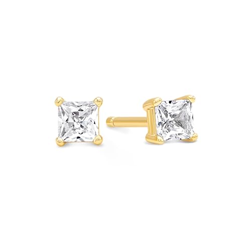 KEZEF Sterling Silver Stud Earrings for Women & Men - 4-Prong Setting Cubic Zirconia Earrings Studs - Premium CZ S925 Hypoallergenic - Available in 14K White and Yellow Gold, Rose Gold - 3mm to 9mm - color: 14K Yellow Gold, size: 6mm - Medium