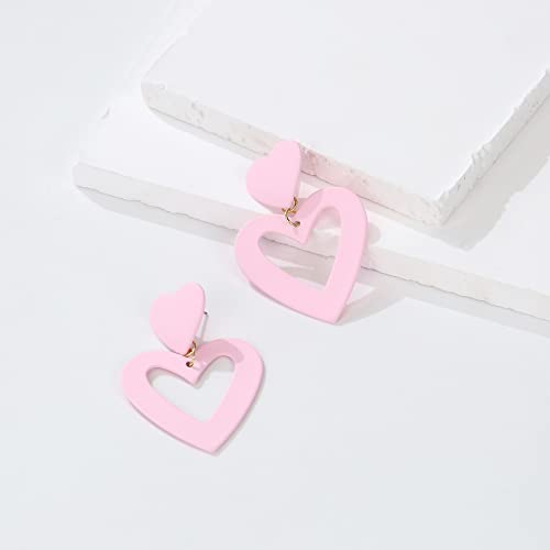 Double Heart Earrings Dangling Heart Drop Earrings For Women Love Heart Dangle Earrings Birthday Gift - color: Light Pink