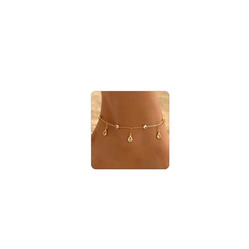 Anklet Bracelets for Women 18K Gold Plated Tennis Anklets Dainty Sapphire Paperclip Pearl Sequin Droplet Adjustable Large Anklet Bracelets Simple Beach Summer Waterproof Foot Jewelry - color: Droplet CZ-Gold