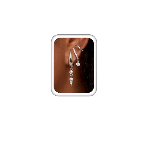 Triple Huggie Stacked Earrings for Women Gold Chain Drop Dangle Earrings Cute Statement CZ Earrings Trendy Dainty Jewelry Gift - color: Silver 2