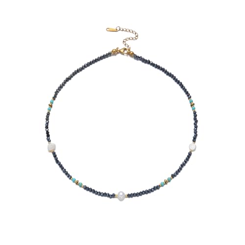 Turquoise Choker Necklace for Women, Western Crystal Bead & Pearl Necklace with Adjustable Chain Natural Stone Energy Jewelry, Boho Beaded Choker for Gifts - color: Turq Beads Pearl