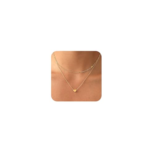 Layered Gold Necklace for Women Trendy 14K Gold Plated Heart CZ Pendant Layered Gold Necklaces Set Coin Choker Necklaces Simple Circle Cubic Zirconia Pearl Necklace Stack Herringbone Paperclip Chain Jewelry Set - style: 2PCS-Heart pendant-GD