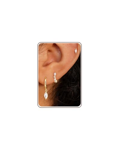 3 Pairs Small Earring Stacks, 14K Gold/Silver/Black/Rose Gold Plated Pearl Heart Butterfly Star Diamond Charm Drop Huggie Earrings Trendy Jewelry Gift for Women - color: Gold-Marquise