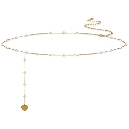 MFRYK 2PCS 14K Gold Plated Waist Chain Layered Pearl Cuban Beaded Satellite Figaro Belly Body Chain Boho Beach Waist Chains For Women Adjustable Waterproof Sexy Bikini Body Chain Jewelry For Women - style: Pearl Heart-Gold