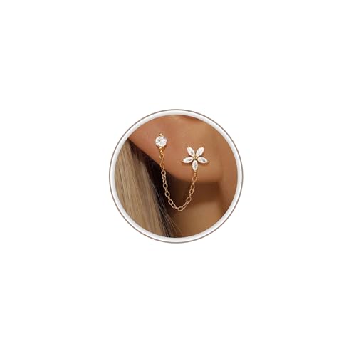 Freekiss Gold Chain Studs Earrings for Women Trendy: Hypoallergenic 14K Gold Plated Dangle Earrings Dainty Small Long Chain Earring Set Fashion Gold Jewelry for Women - style: Flower chain earrings-GD