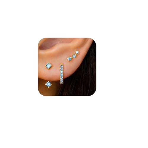 3 Pairs Dainty Small 4th of July Earrings for Women Trendy, Birthstone Stud Huggie Hoop Jacket Stack for Cartilage Helix, Gold Plated Hypoallergenic Cute Women Fashion Accessories Western Jewelry Gifts - color: 03Blue Created Aquamarine-Mar (Gold)