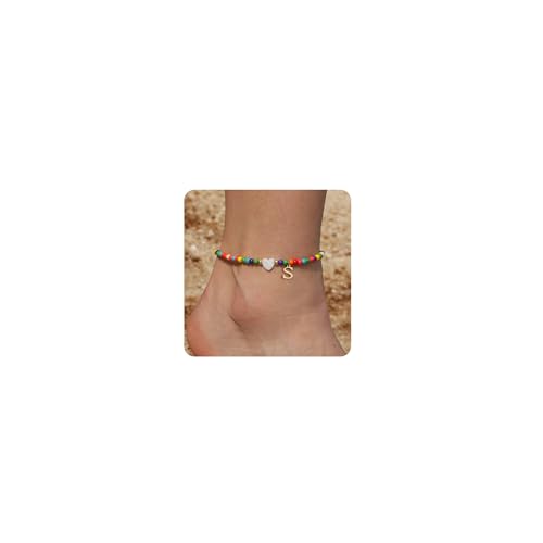 Honsny Ankle Bracelets for Women Initial Anklets Waterproof Boho Beaded Dainty Ankle Bracelets for Teen Letter Heart Handmade Adjustable Foot Chain Anklet Summer Vacation Colorful Jewelry Gift - style: S