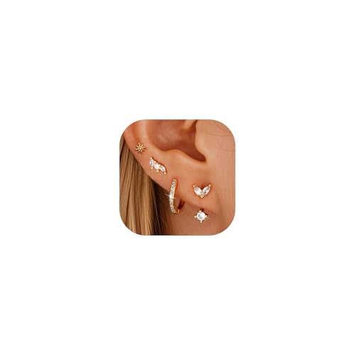 6 Pairs 14K Gold Plated Stud Earrings for Women, Hypoallergenic Cartilage Earrings for Multiple Piercing, Dainty Small Stackable Earrings Set for Jewelry Gift - color: Gold-4 Pairs A