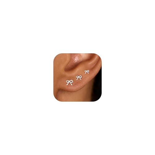 3 Pair Tiny Flat Back Earrings for Women - 14K Gold/White Gold Plated Dainty Cute Small Screw Flatback Stud Earring, Everyday Wear Gift - color: Bow Flat-4/5/6mm Silver