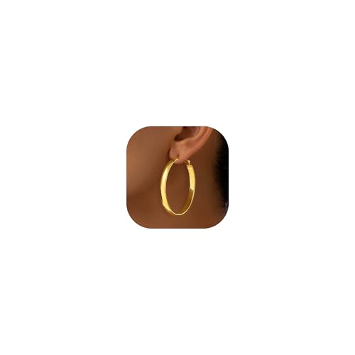 5mm Wide Gold Hoop Earrings for Women, 14K Gold Plated Big Chunky Hoop Earrings with S925 Sterling Silver Post, Hypoallergenic Lightweight Earrings Jewelry for Women 30/40/50/60/70mm - color: Gold-50mm