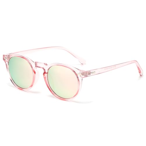 LJCZKA Round Polarized Sunglasses for Men Women Retro Small Face Sunglasses Polarized Vintage Sun Glasses UV400 Protection - color: Clear Pink Pink(mirrored)