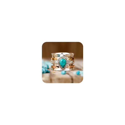 LRGKMCWTOB Vintage Sterling Silver Turquoise Ring for Women, Bohemian Style Handmade Dainty Ethnic Healing Stone Ring, Tribal Totem Cut Natural Turquoise Bridal Statement Ring Gift Size 9 - size: Size 9