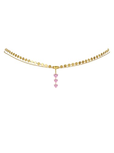 Pink Heart Belly Button Ring with Waist Chain for Women, Gold Triple Cubic Zirconia Dangle Navel Piercing, Adjustable Body Jewelry for Summer Beach Bikini - color: Chain-Style B