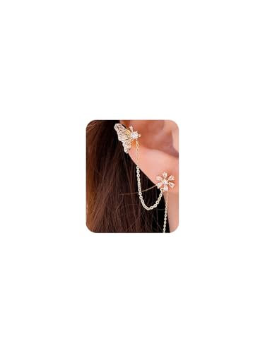 Gold Butterfly Floral Ear Cuff 1 Pair Chain Earrings Sparkling Zircon No Piercing Clip On Elegant Design for Women Everyday Casual Party Wear