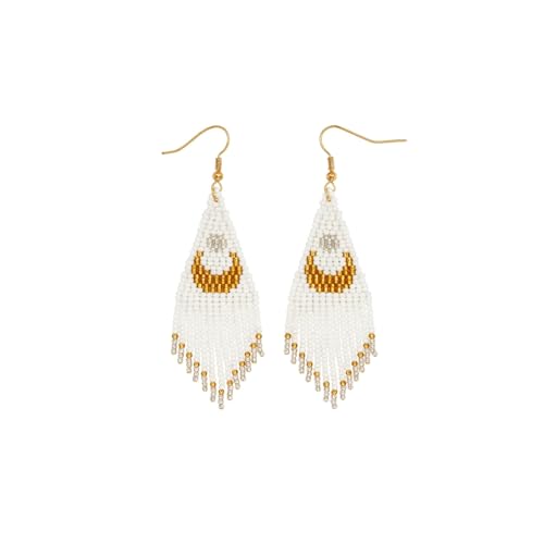 Bohemian Beaded Long Tassel Dangle Earrings for Women, Handmade Jewelry White Tarnish Resistant Lightweight Design, Stylish Accessory for Beach Vacation Party and Gift - color: white-02