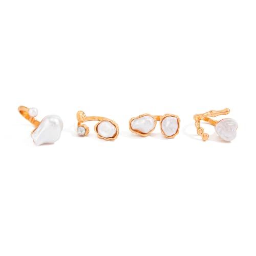 Chunky Gold Pearl Rings for Women Vintage Baroque Pearl Rings Set Open Stacking Pearls Ring Set Irregular Geometric Pearls Ring Boho Prom Costumes Fashion Jewelry Accessories - style: 4PCS B
