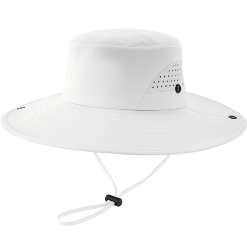 Wide Brim Nylon Sun Hat for Men Women Premium Packable Outdoor Fishing Hiking Hat Breathable Vent Holes Foldable for Beach - color: White
