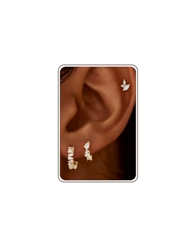 3 Pairs Small Earring Stacks, 14K Gold/Silver/Black/Rose Gold Plated Pearl Heart Butterfly Star Diamond Charm Drop Huggie Earrings Trendy Jewelry Gift for Women - color: Gold-Geometric