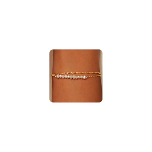 SLOONG Gold Pearl Bracelets for Women Trendy, 14K Gold Plated Dainty Stackable Layered Chain Bridesmaid Bracelets, Waterproof Wedding Jewelry for Women Adjustable 6"+2" - color: Style2(Pearl)