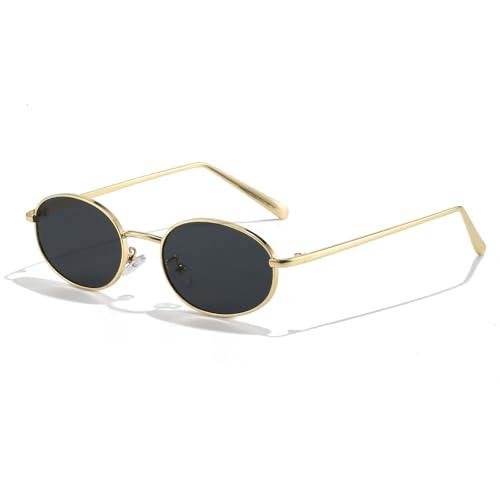 Retro Oval Sunglasses for Women Men 90s Trendy Small Round Gold Sun Glasses Fashion Narrow Metal Frame Shades - color: A1 Gold/Grey