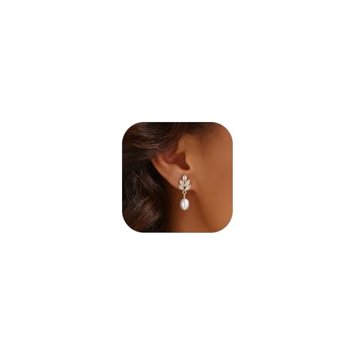 Pearl Earrings for Women Dainty Diamond Pearl Drop Earrings 14k Gold Plated Dangle Earrings for Women Weddings Gifts Bridesmaid Gifts - color: D-gold pearl earrings