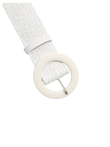 Verdusa Women's Western Belt Cowgirl Boho Straw Belts Round Buckle Elastic Waist Belt - color: White, size: Suit Waistline 33″-37″